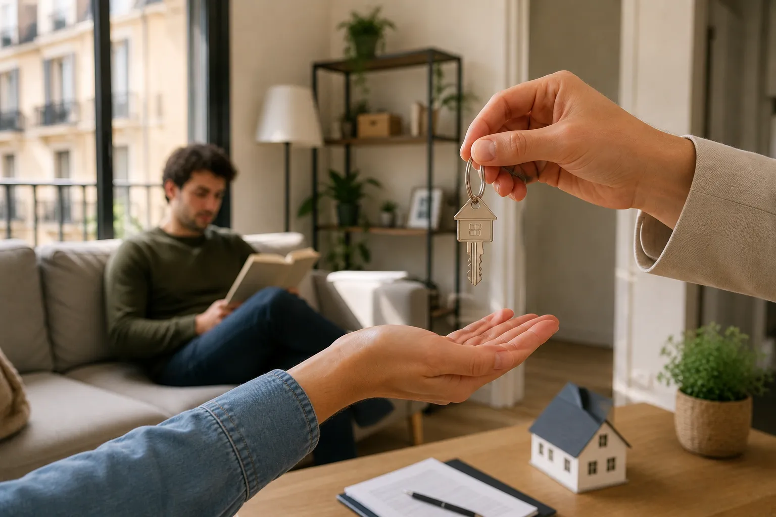 Una mano entrega un llavero con forma de casa a otra mano abierta sobre una mesa, en un salón donde al fondo un hombre lee sentado en el sofá.